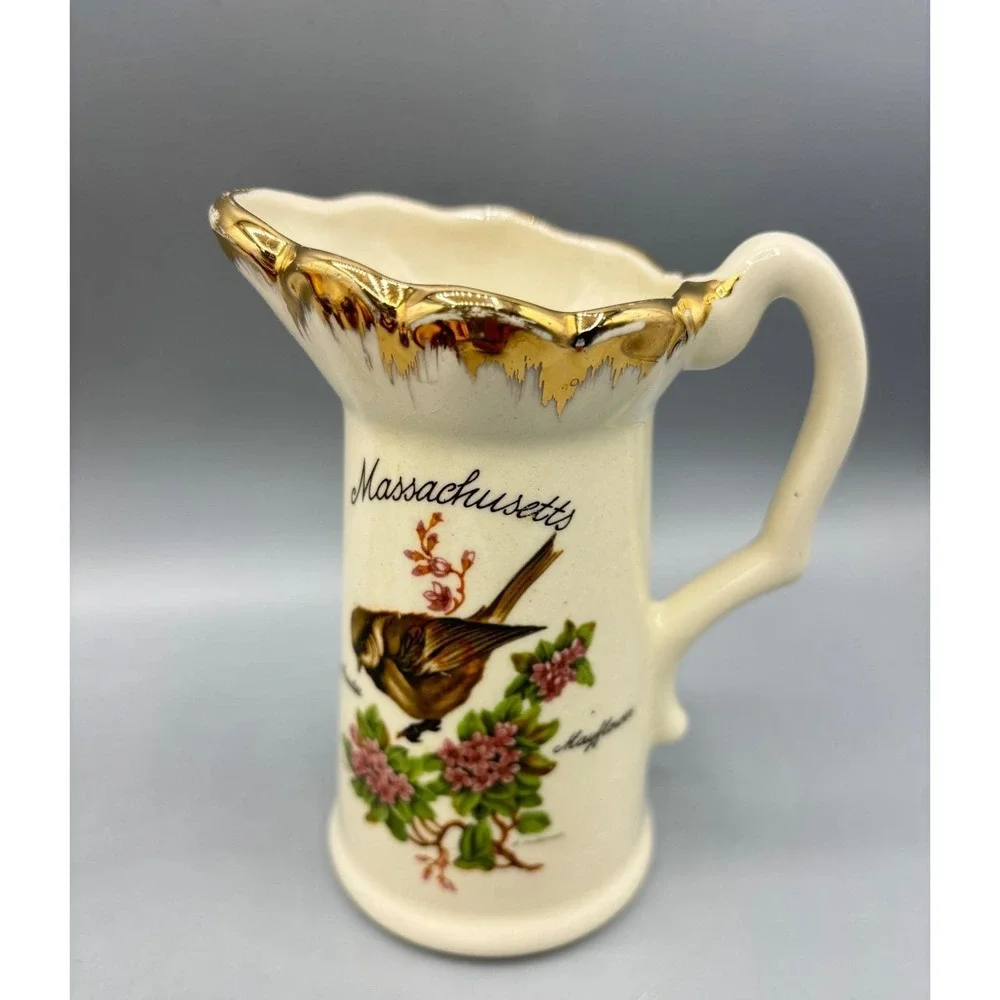 Vtg Massachusetts Souvenir Mini Pitcher Chickadee Mayflower Gold Rim Creamer 5in